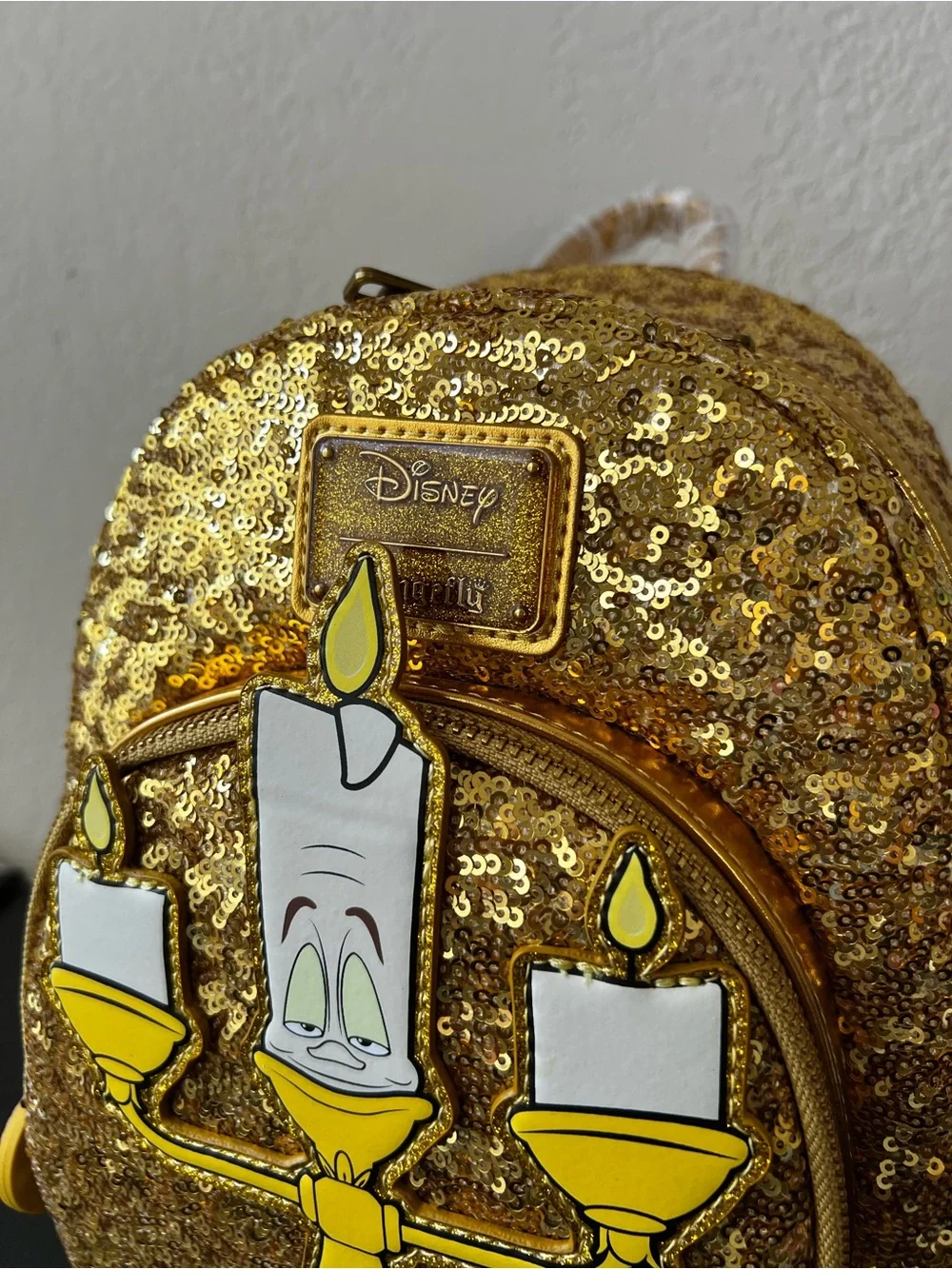 Loungefly Disney Beauty and the Beast Lumiere Gold Sequin Mini Backpack GITD NWT